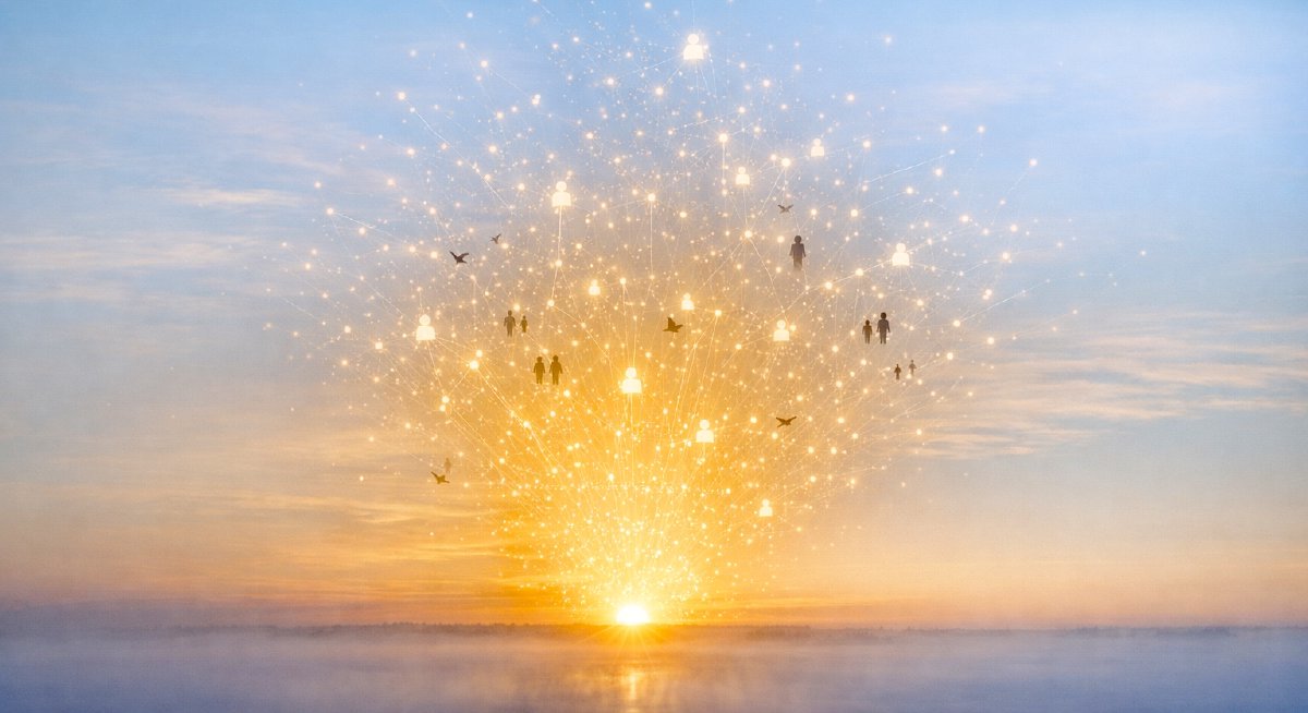 An illustration depicting a dawn from which collaborating nodes emerge