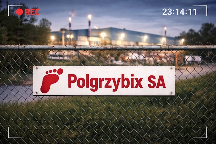 Kadr z wideo przedstawiającego płot z szyldem Polgrzybix i piktogramem stopy