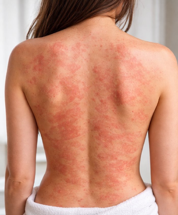 An image of a rash on the skin of a woman's back.