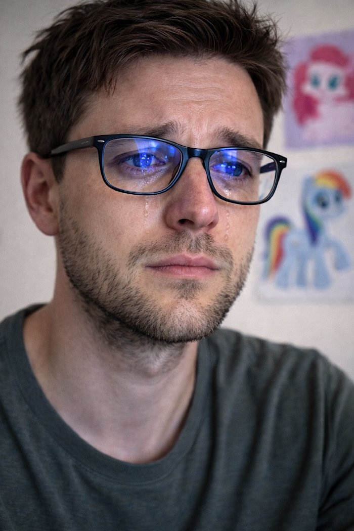 A photograph of a sad man in glasses with tearful eyes.