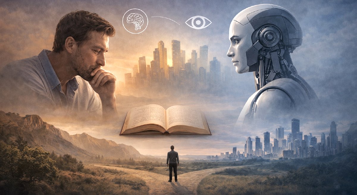 An illustration depicting human-AI communication against the backdrop of a distant city and a meadow below