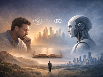 An illustration depicting human-AI communication against the backdrop of a distant city and a meadow below